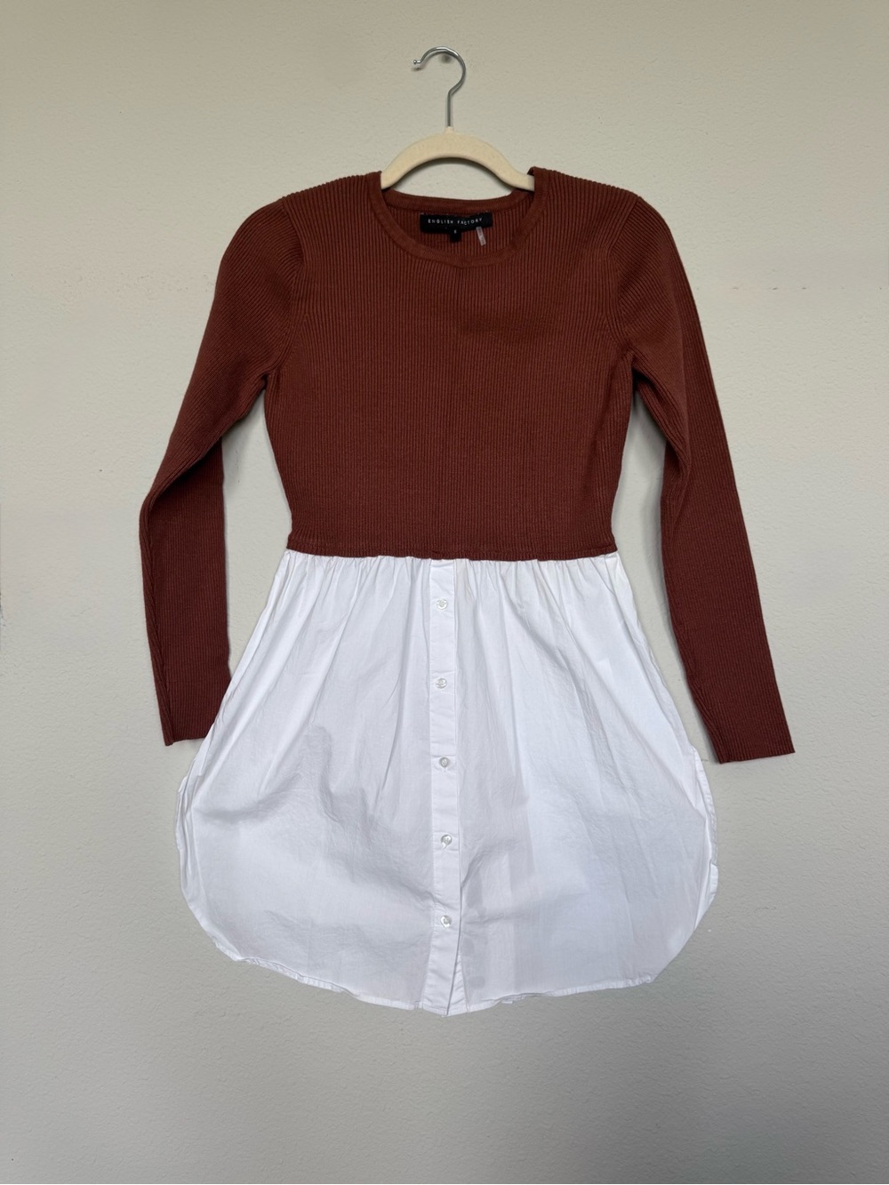 English Factory Mixed Media Sweater Layered Shirt Dress Rust Size Small